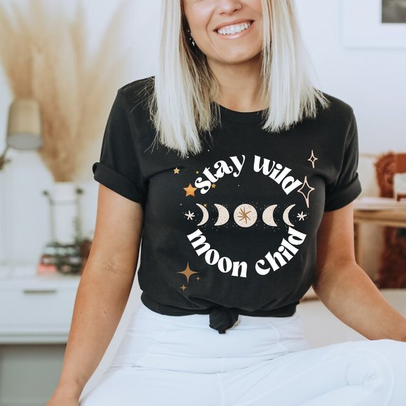 Tops - Stay Wild Moon Child Graphic T-shirt Vintage Black Boho Tshirt Unisex